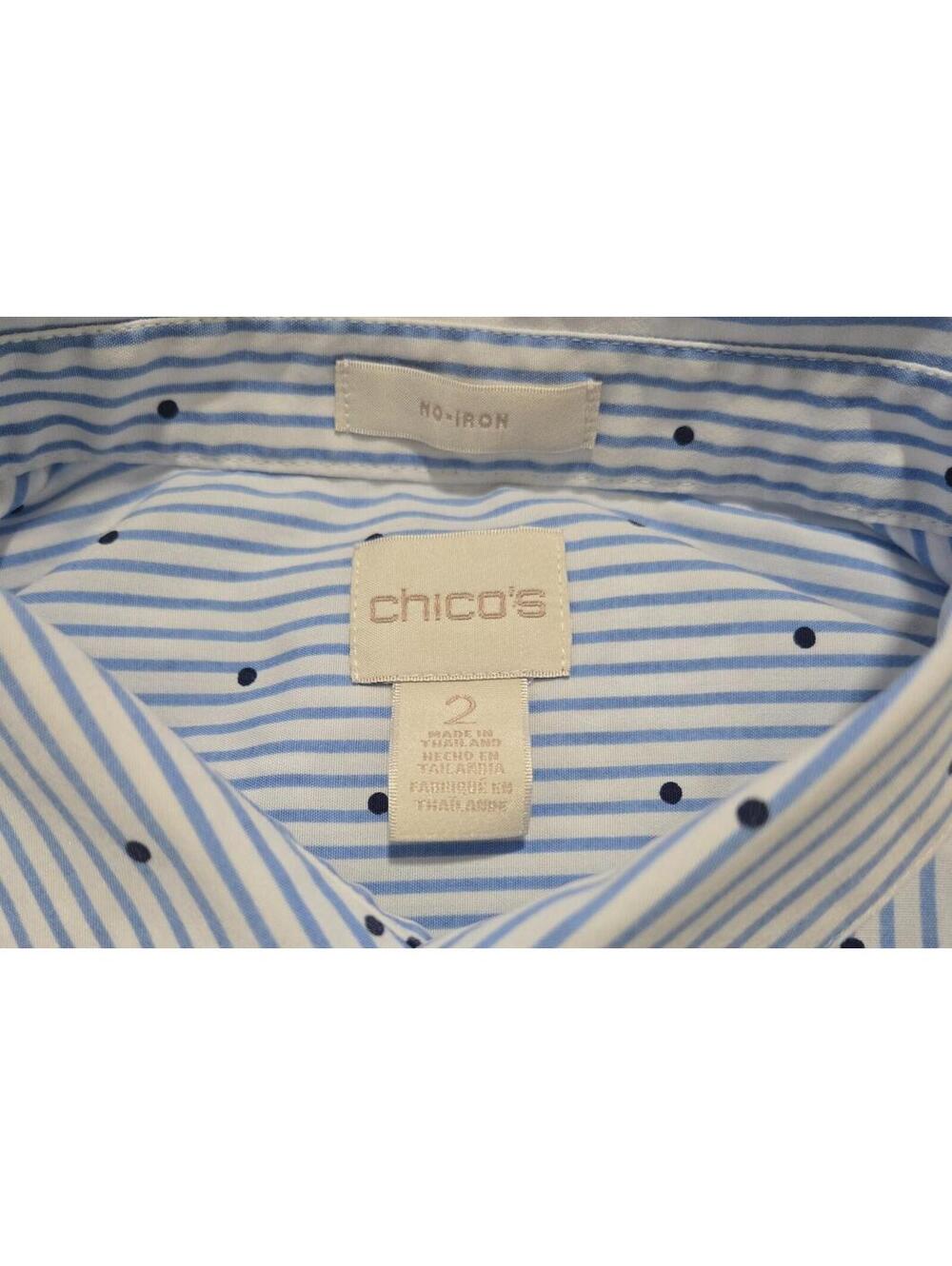 Chicos Womens 2 Large Button Down Shirt Blue White Stripe Polka Dots Pockets - Picture 2 of 6